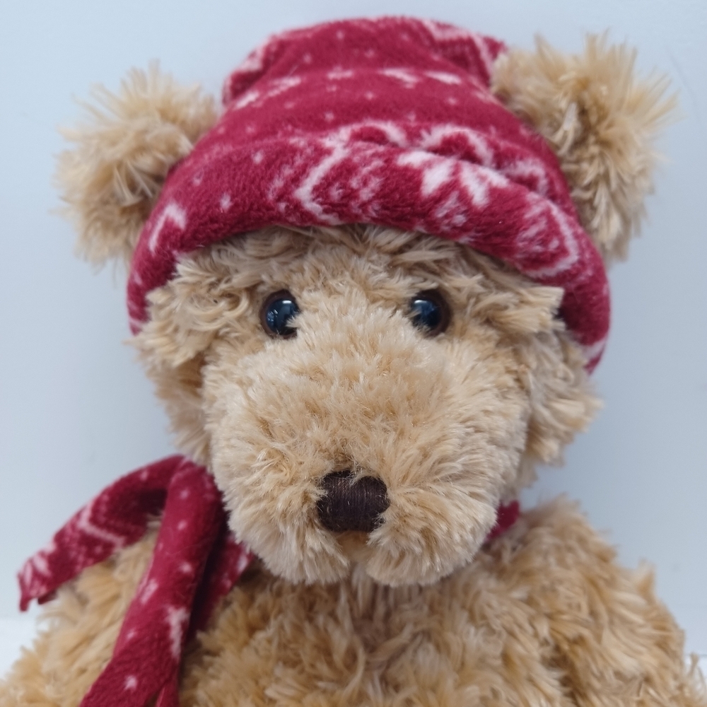 Russ Berrie Cranberry Brown Teddy Bear with Red Hat and Scarf Plush Stuffy - Picture 8 of 9